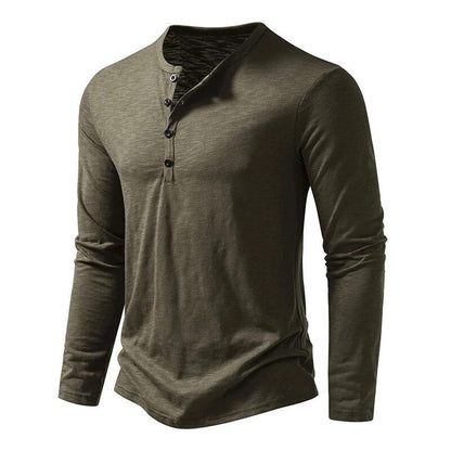 Olive green long-sleeved henley at a three-quarter angle, showing the button placket and slim shape 5