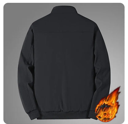 Back view of the black jacket, with a plain panel, stand collar, ribbed hem and cuffs, and a flame graphic. 12