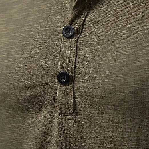 Close-up of the olive green henley placket, with two dark buttons and neat topstitching 7