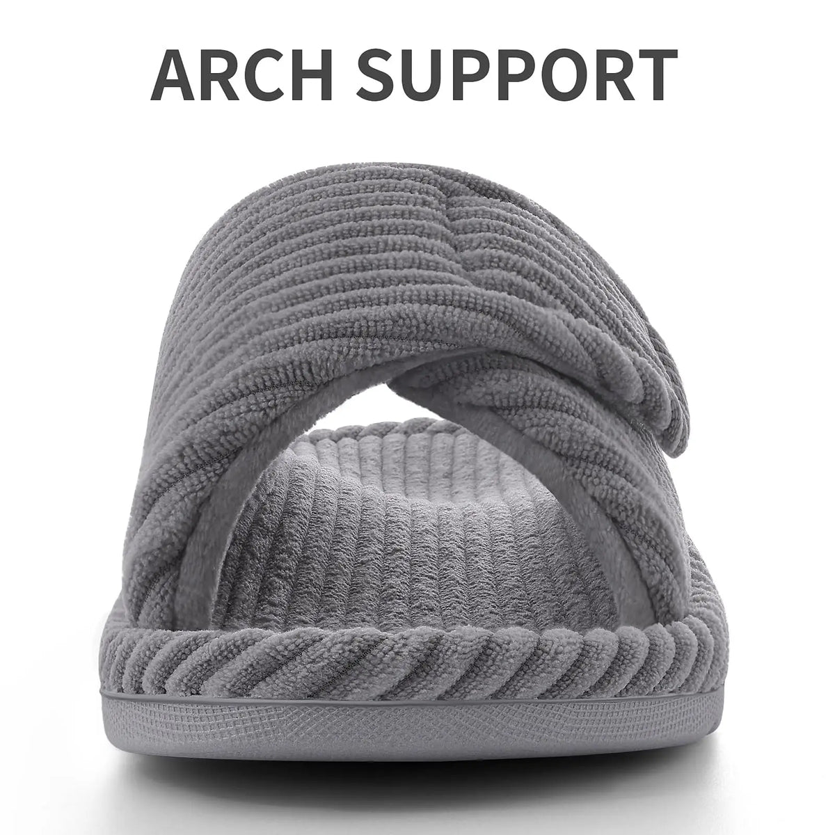 Front view of a grey ribbed slide slipper showing the crossed adjustable strap, open toe and thick moulded rubber sole. 3
