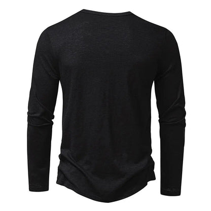 Back view of the black long-sleeved henley, plain with a round neckline and curved hem 17