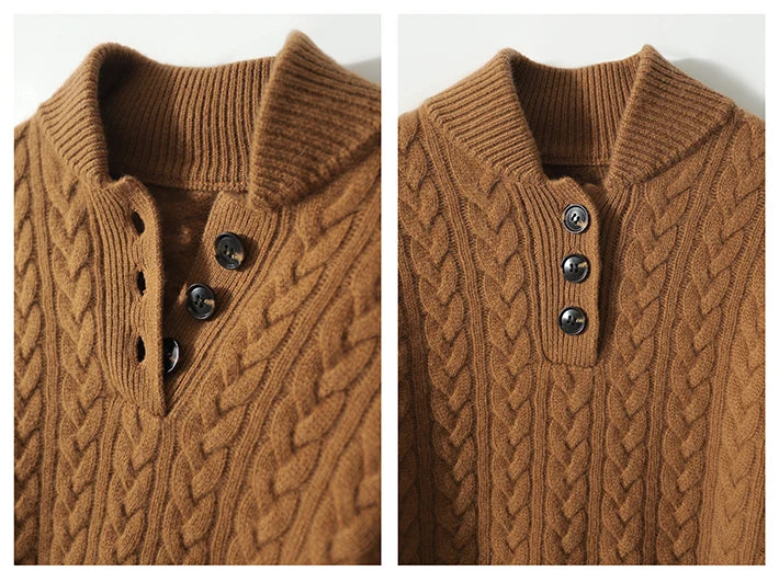 Two close-up detail shots of the brown cable-knit sweater's ribbed collar and three-button placket, one with the buttons undone. 18