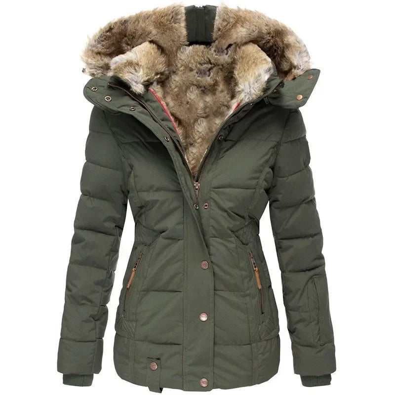 Olive green quilted parka shown front-on with faux fur hood lining and zipped front 1