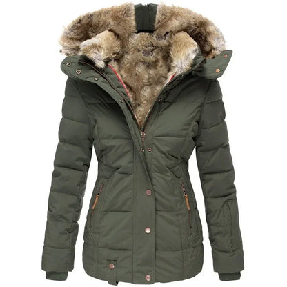 Olive green quilted parka shown front-on with faux fur hood lining and zipped front 1