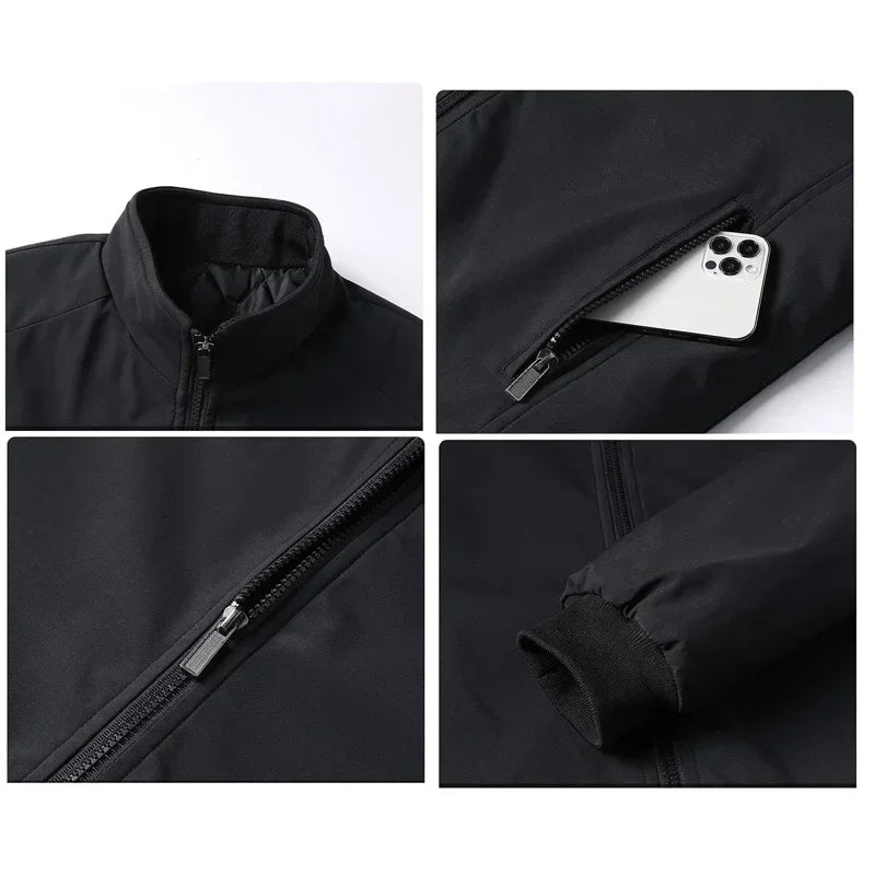 Four-panel collage of black jacket details: stand collar, phone in zipped pocket, diagonal zip, and ribbed cuff. 4