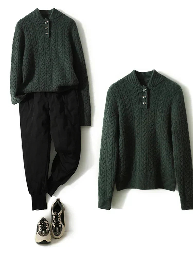Flat lay of the dark green cable-knit sweater twice: styled with black trousers and trainers, and on its own. 16