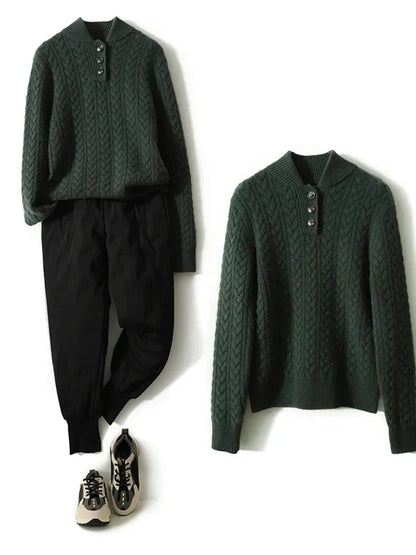 Flat lay of the dark green cable-knit sweater twice: styled with black trousers and trainers, and on its own. 16