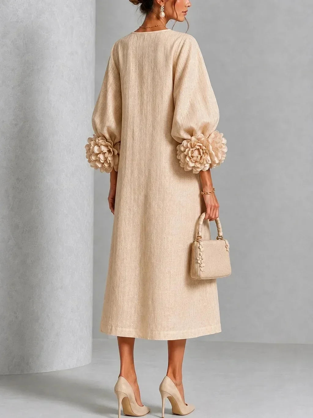 Back view of the beige dress on a model, showing the plain textured back, loose A-line fall and large flower decorations on the sleeve cuffs. 7