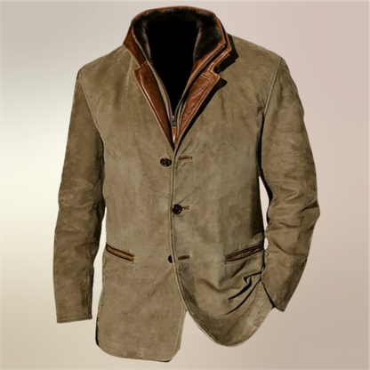 Olive suede jacket on its own, showing a double collar with dark fur lining, tan leather trim, three buttons and welt pockets. 2