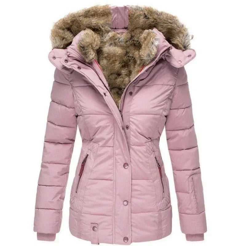 Pink quilted parka, front view, with faux fur hood and zip pockets at the waist 6