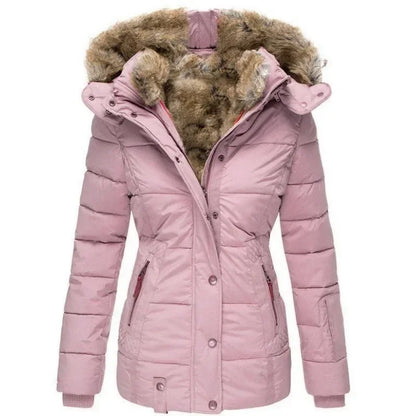 Pink quilted parka, front view, with faux fur hood and zip pockets at the waist 6