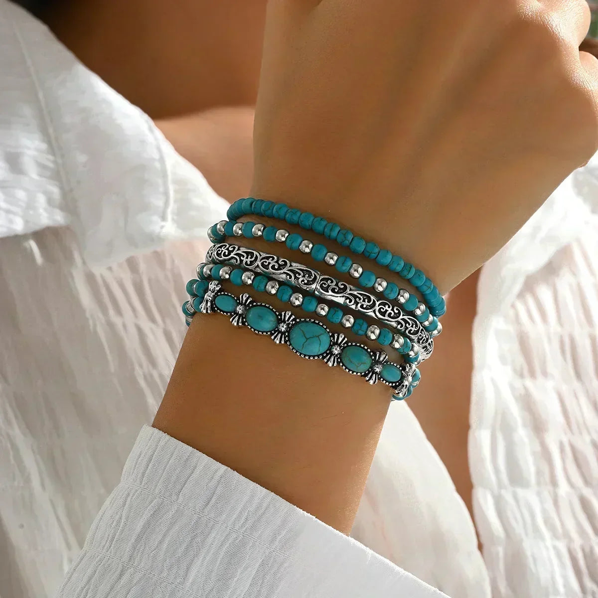 Wrist wearing the five stacked bracelets, viewed from above, with oval turquoise stones in silver-tone settings nearest the hand. 2