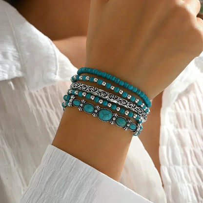 Wrist wearing the five stacked bracelets, viewed from above, with oval turquoise stones in silver-tone settings nearest the hand. 2