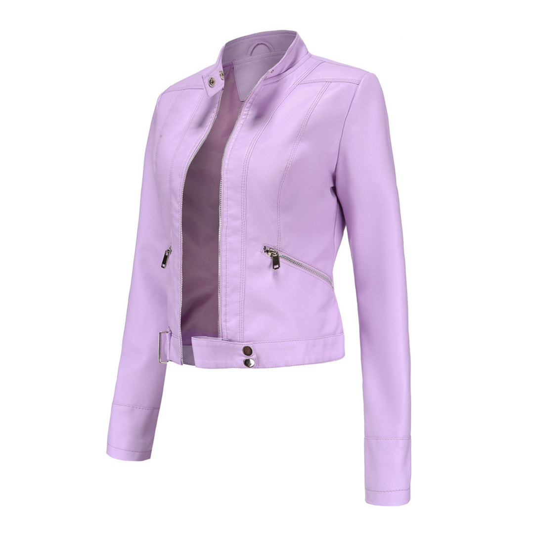 Three-quarter side view of the pale lilac jacket, unzipped, showing diagonal zip pocket, collar studs and buckled hem tab. 13
