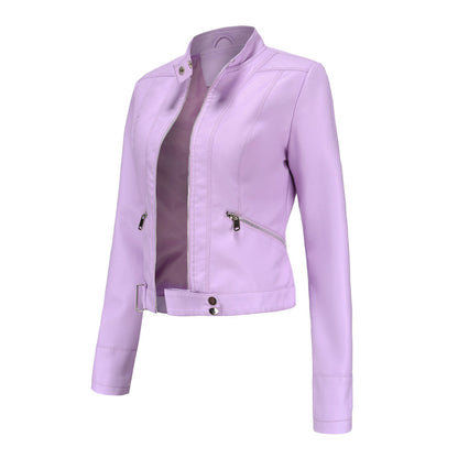 Three-quarter side view of the pale lilac jacket, unzipped, showing diagonal zip pocket, collar studs and buckled hem tab. 13