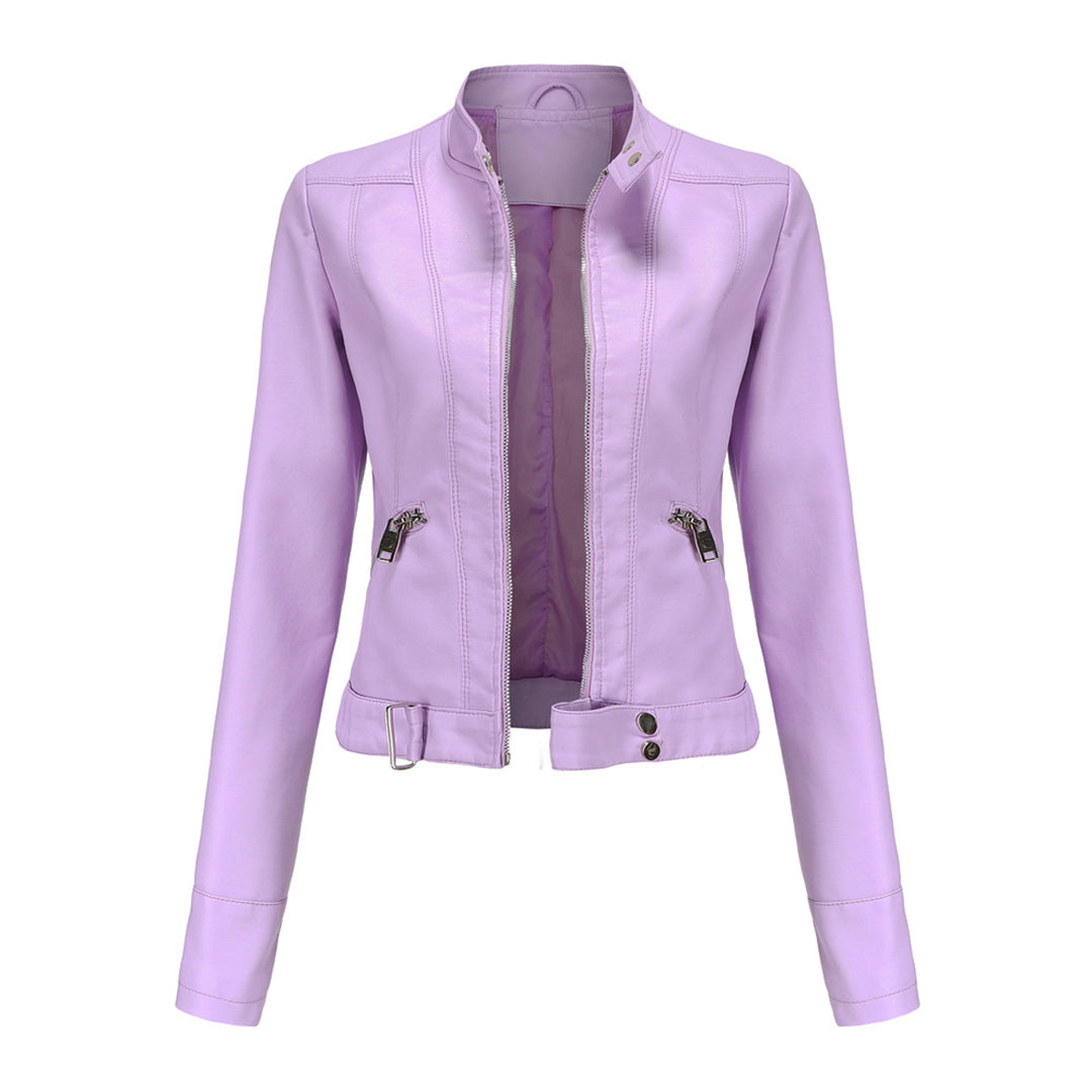 Front view of the jacket in pale lilac, unzipped, showing silver zip pockets and a buckled hem tab. 6