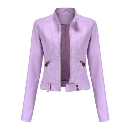 Front view of the jacket in pale lilac, unzipped, showing silver zip pockets and a buckled hem tab. 6