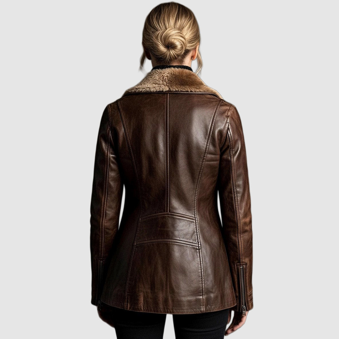 Back view of the brown leather jacket on a model, showing seaming, shearling collar and zipped cuffs 2
