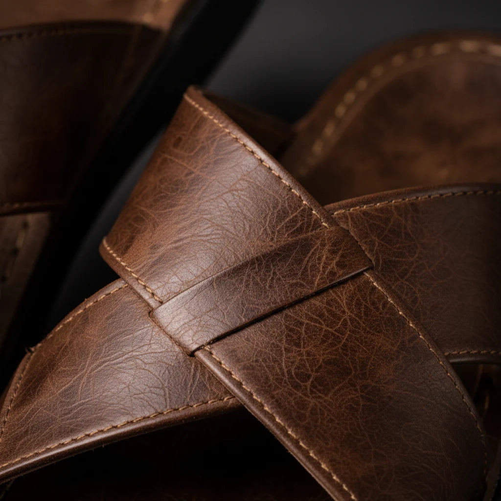 Close-up of the brown crossed straps, showing the textured, creased surface and fine stitched edges where the straps overlap. 6