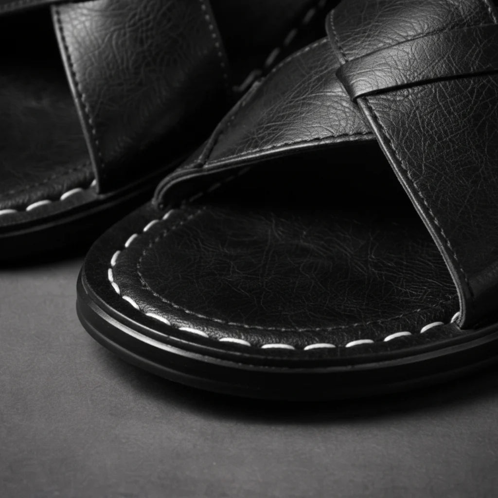 Close-up of the black sandal toe area, showing the textured strap surface, white stitching and the layered black sole edge. 8