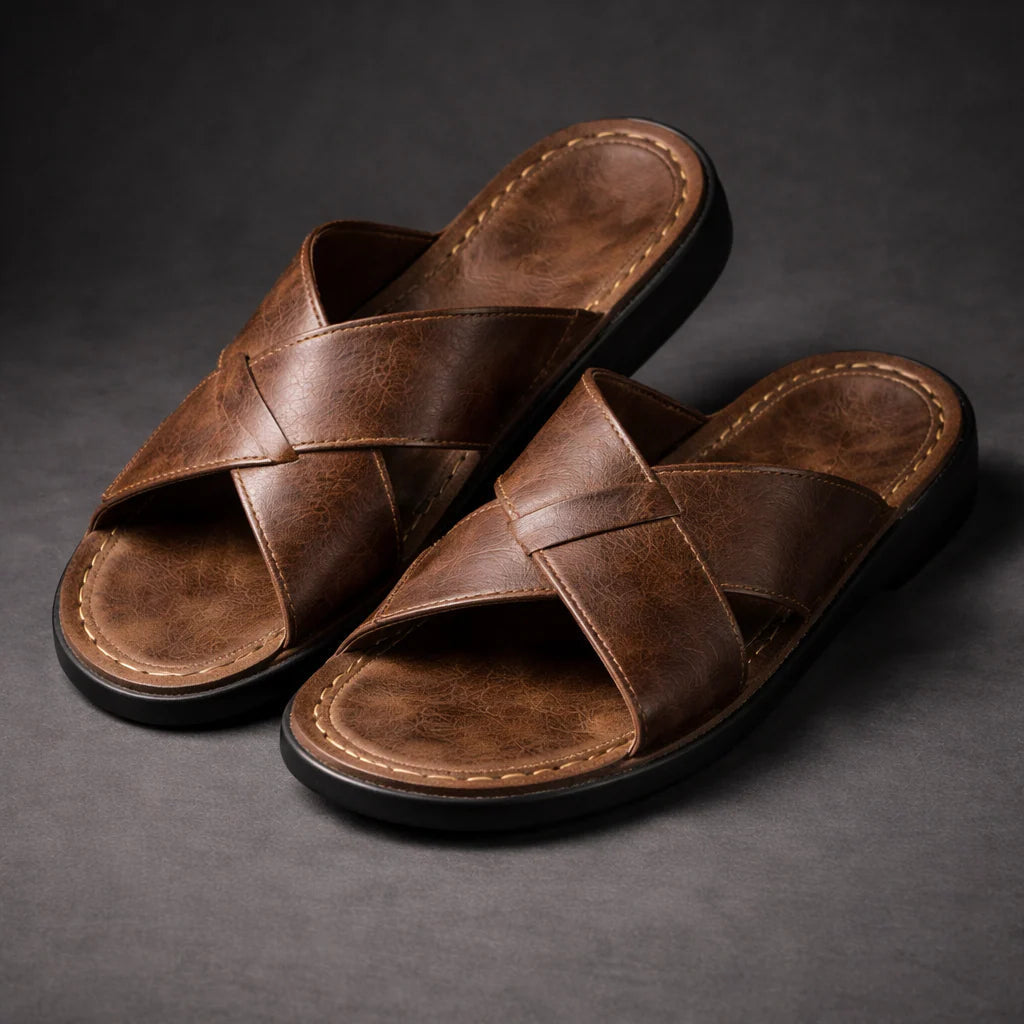 Pair of brown crossed-strap slip-on sandals with cream contrast stitching and black soles, shown at an angle on a dark grey backdrop. 1