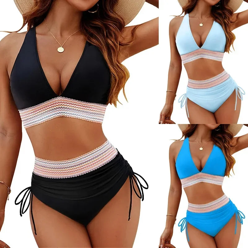 Collage of the bikini on models in black, pale blue and bright blue 2