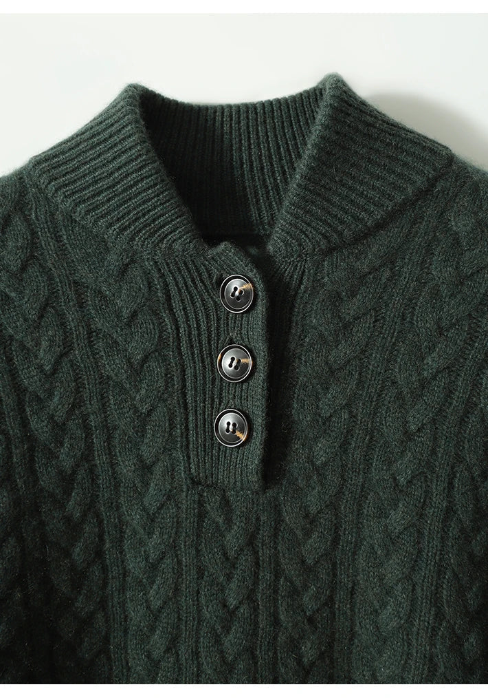 Close-up detail of the dark green sweater's ribbed collar, three horn-effect buttons and cable-knit texture. 19