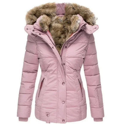 Pink quilted parka, front view, with fur-lined hood, press studs and fitted waist 8