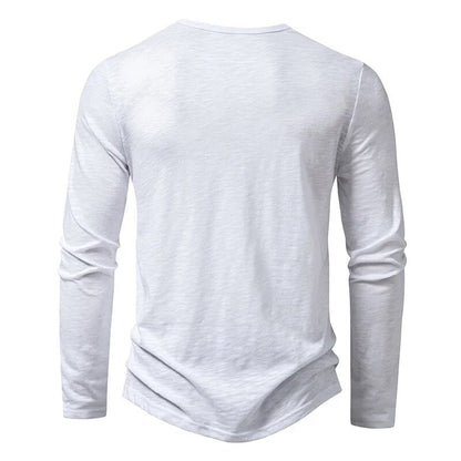 Back view of the white long-sleeved henley, plain with a round neckline 11