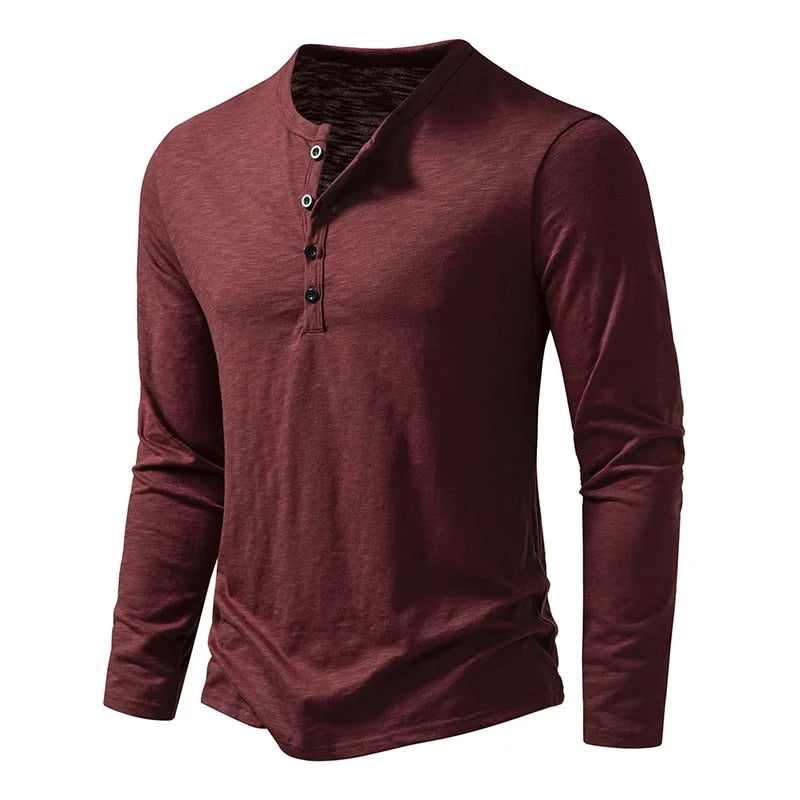 Burgundy long-sleeved henley at a three-quarter angle, with four buttons down the placket 12