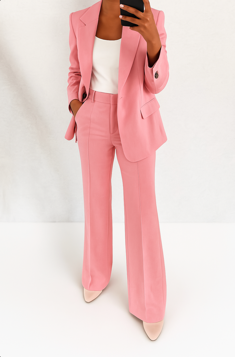 Full-length view of the pink suit worn with a white top and pale pointed heels 5