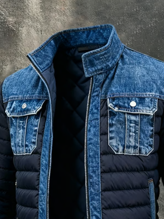 Close-up of the stand collar, denim chest pockets with buttoned flaps and diamond-quilted lining 2