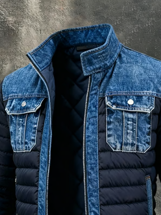 Close-up of the stand collar, denim chest pockets with buttoned flaps and diamond-quilted lining 2