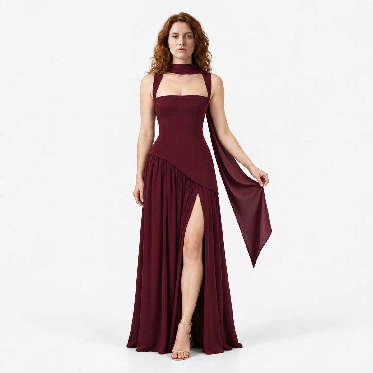 Sculpted Draped Satin-Feel Maxi Dress