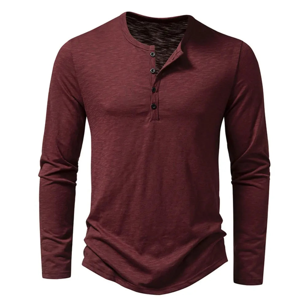 Burgundy long-sleeved henley laid flat from the front, showing the four-button placket 14