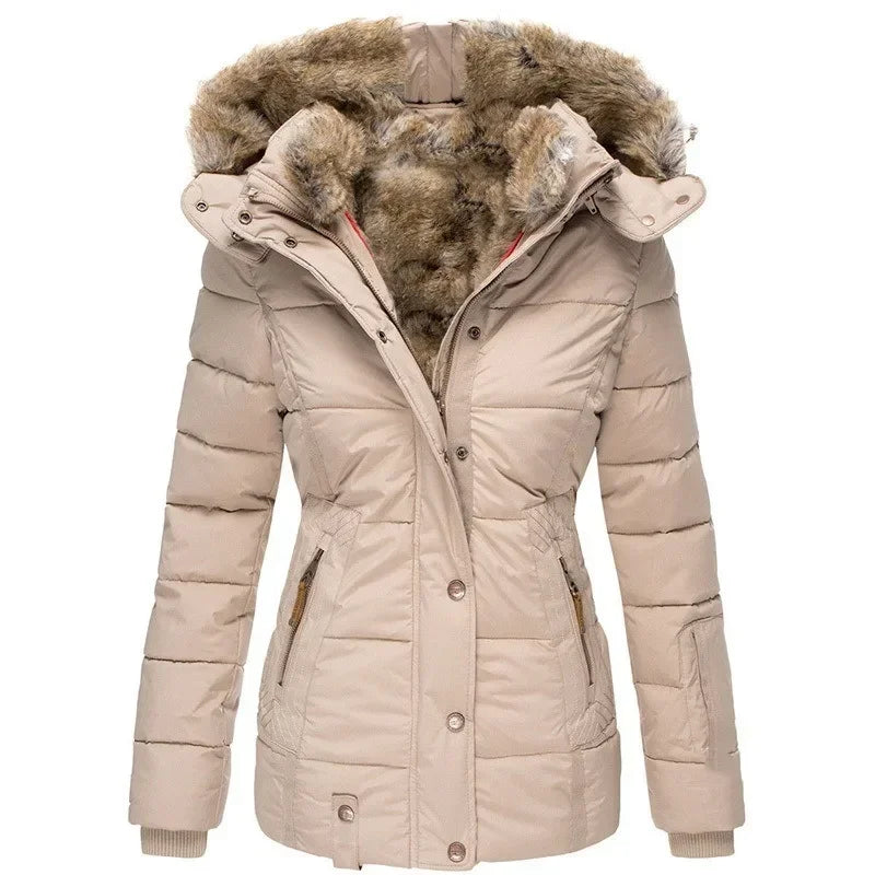 Beige quilted parka shown front-on with fur-trimmed hood and ribbed knitted cuffs 9