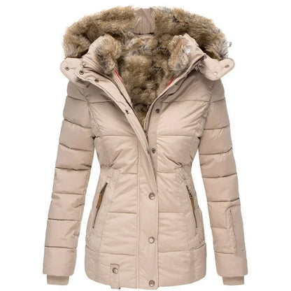 Beige quilted parka shown front-on with fur-trimmed hood and ribbed knitted cuffs 9