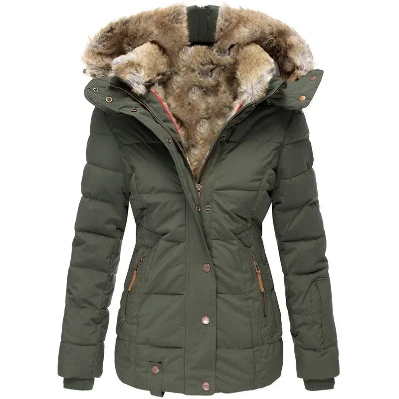 Olive green quilted parka, front view, with fur-lined hood and zip pockets with brown pulls 12