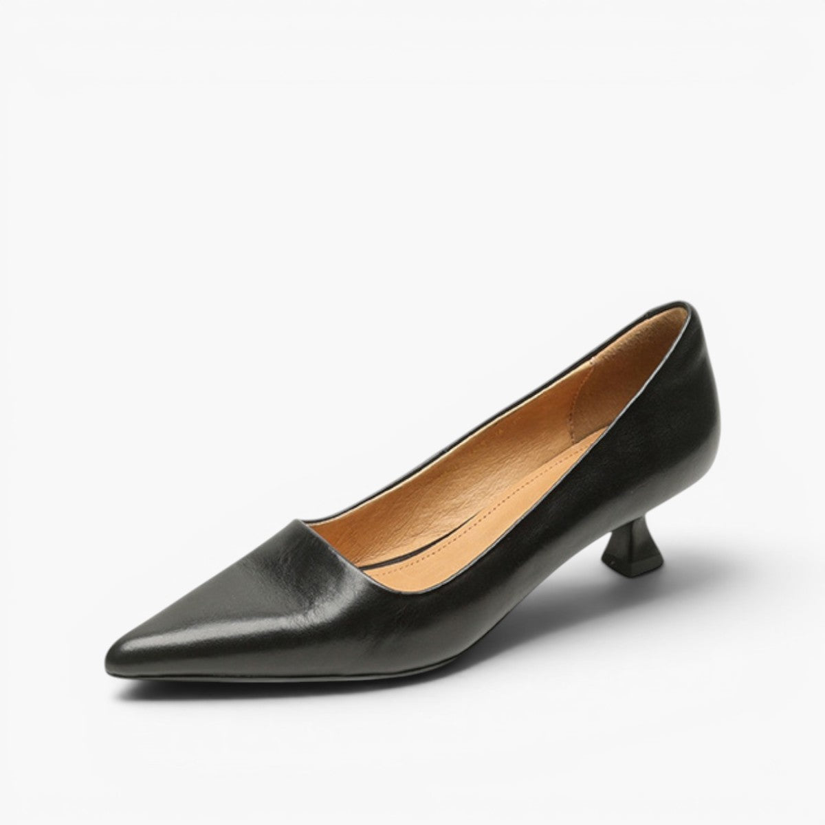 Single black leather pump on a white background, angled to show pointed toe and tan lining 12