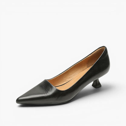 Single black leather pump on a white background, angled to show pointed toe and tan lining 12