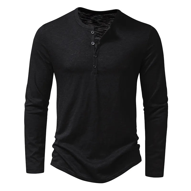 Black long-sleeved henley laid flat from the front, with buttons down the placket 16