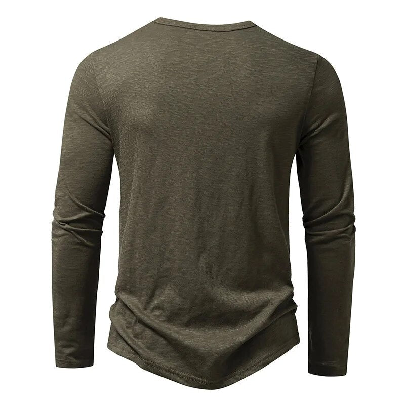 Back view of the olive green long-sleeved henley, plain with a rounded hem 6
