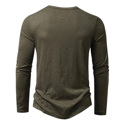 Back view of the olive green long-sleeved henley, plain with a rounded hem 6
