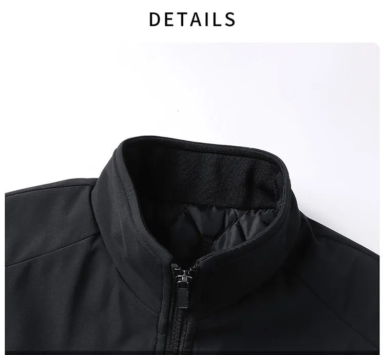Close-up of the black jacket's stand collar and front zip, with the quilted lining just visible inside the neckline. 5
