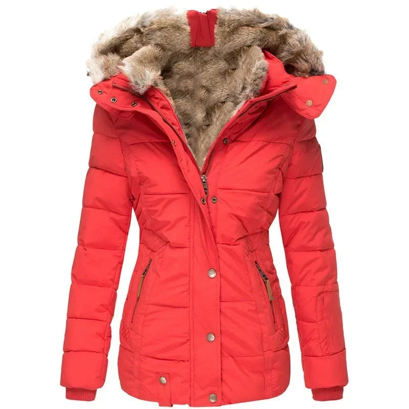 Red quilted parka shown front-on, zip and stud fastening with fur-lined hood and collar 7