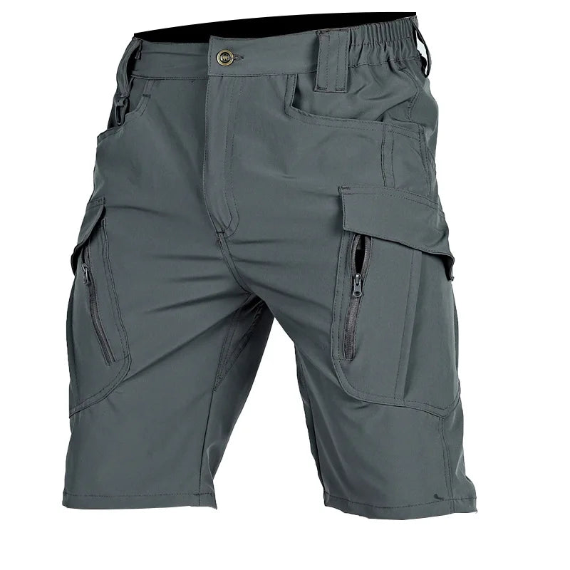 Slate grey cargo shorts photographed from the front without a belt, showing the button fastening, elasticated waist and zipped thigh pockets. 2