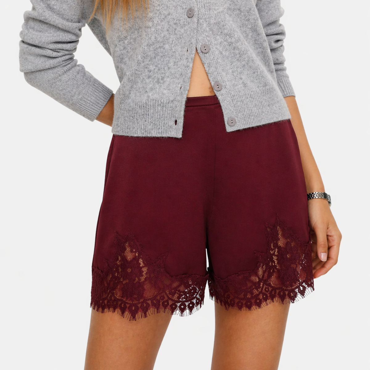 Shorts Women's Satin Lace Hem Elastic Waist