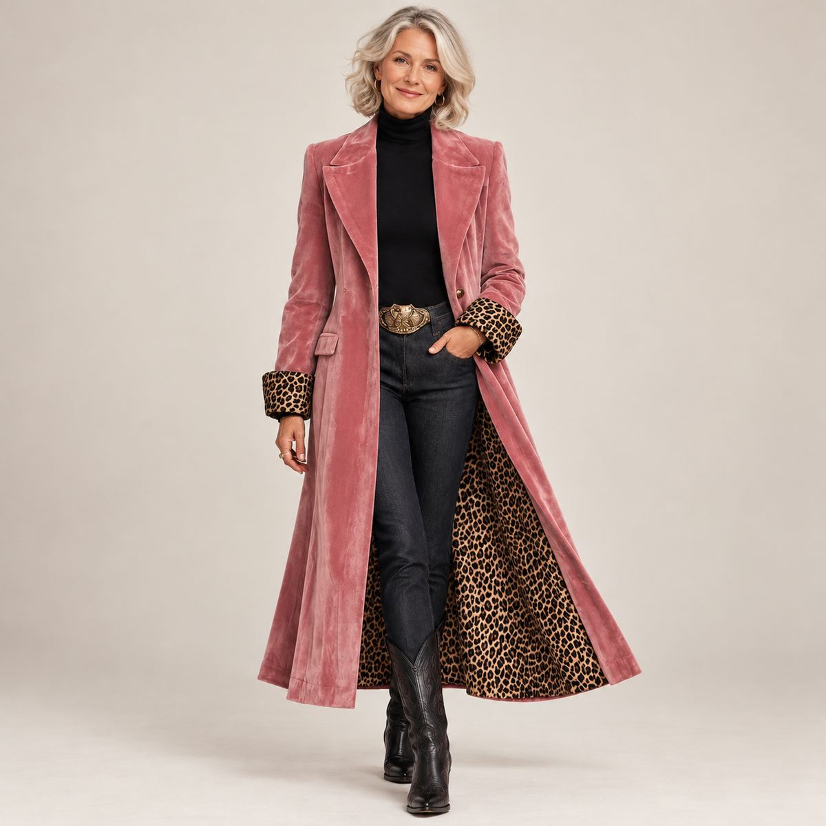 Smiling woman on a plain backdrop wears the pink coat open over black polo neck, jeans and boots 1
