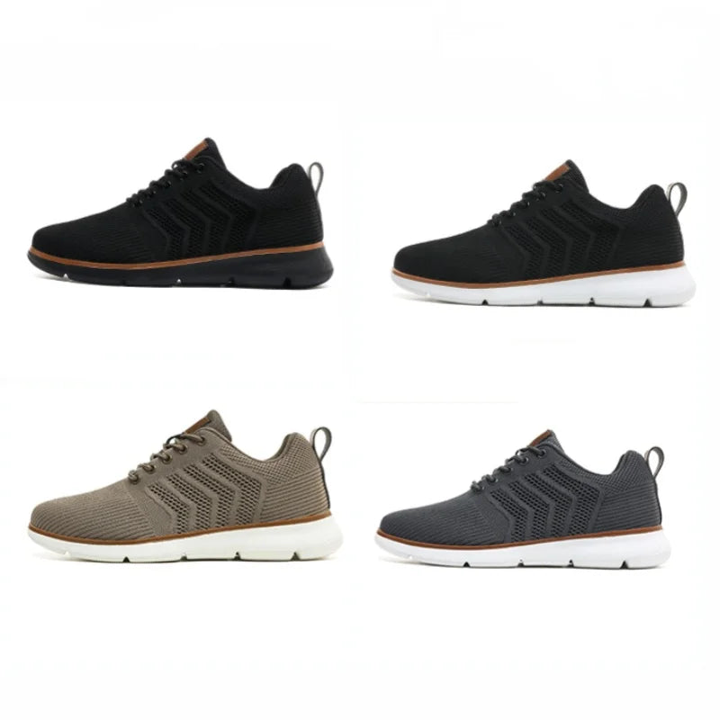 Four side views of the trainers in a grid: black with black sole, black with white sole, taupe and dark grey. 8