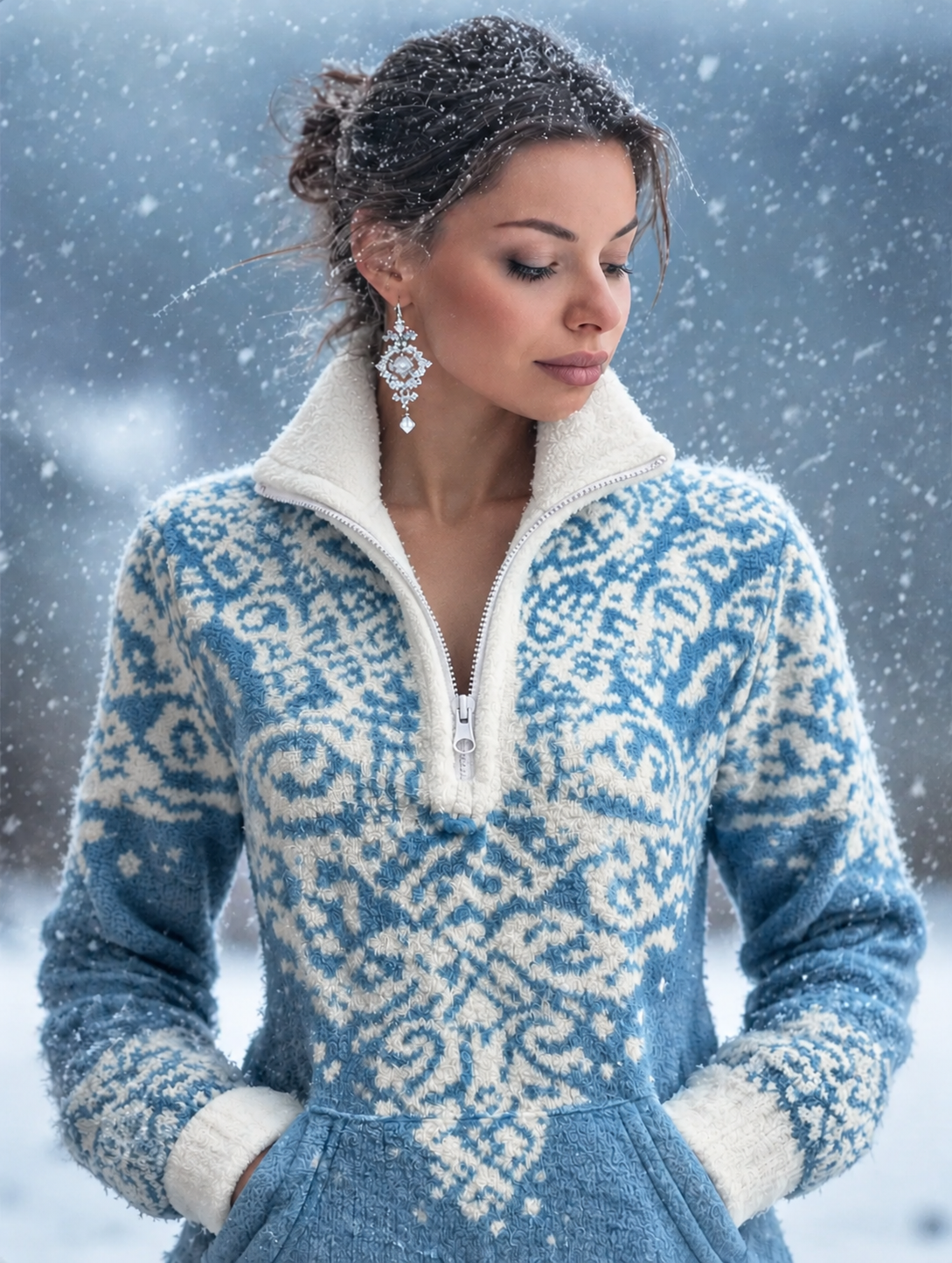 Model in falling snow wearing the blue and cream patterned sweater with white fleece collar, hands in front pocket 1